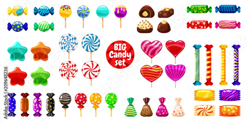 Supe set of different sweets on black background hard candies dragee jelly beans peppermint candy. Vector illustration, photo