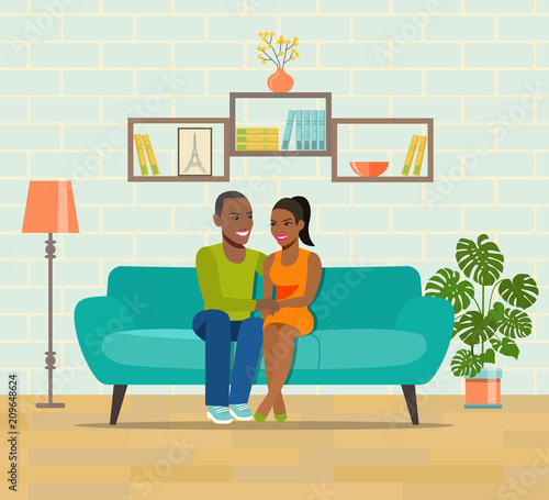 Smiling romantic Couple at home sitting on sofa. Vector flat style illustration