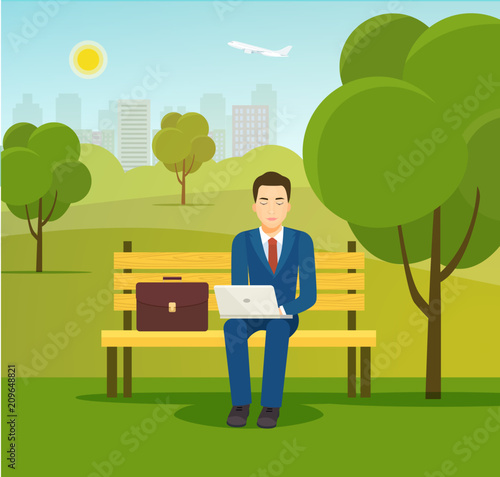 Young businessman sitting on the bench and working with laptop  in the park. Vector flat illustration