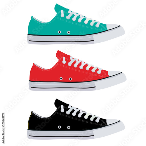 Flat image of sneakers. Sneakers are red , black, turquoise. Simple sneakers in different colors