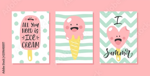 Set of cute summer cards with ice cream and hand written text. For birthday, anniversary, party invitations. Vector illustration.