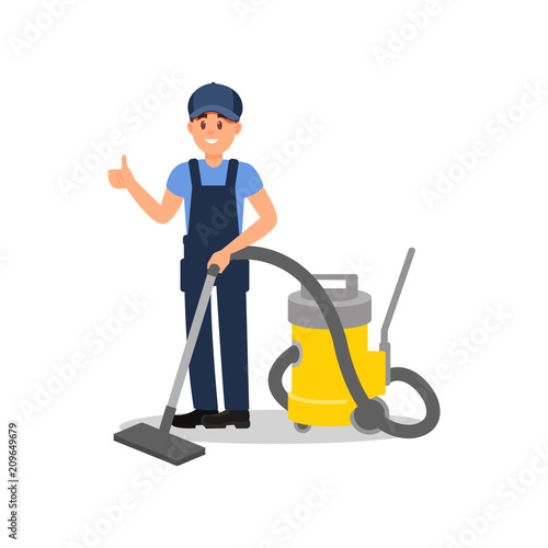 Smiling man with vacuum cleaner showing thumb up. Guy in working overall and cap. Flat vector for promo poster or cleaning company