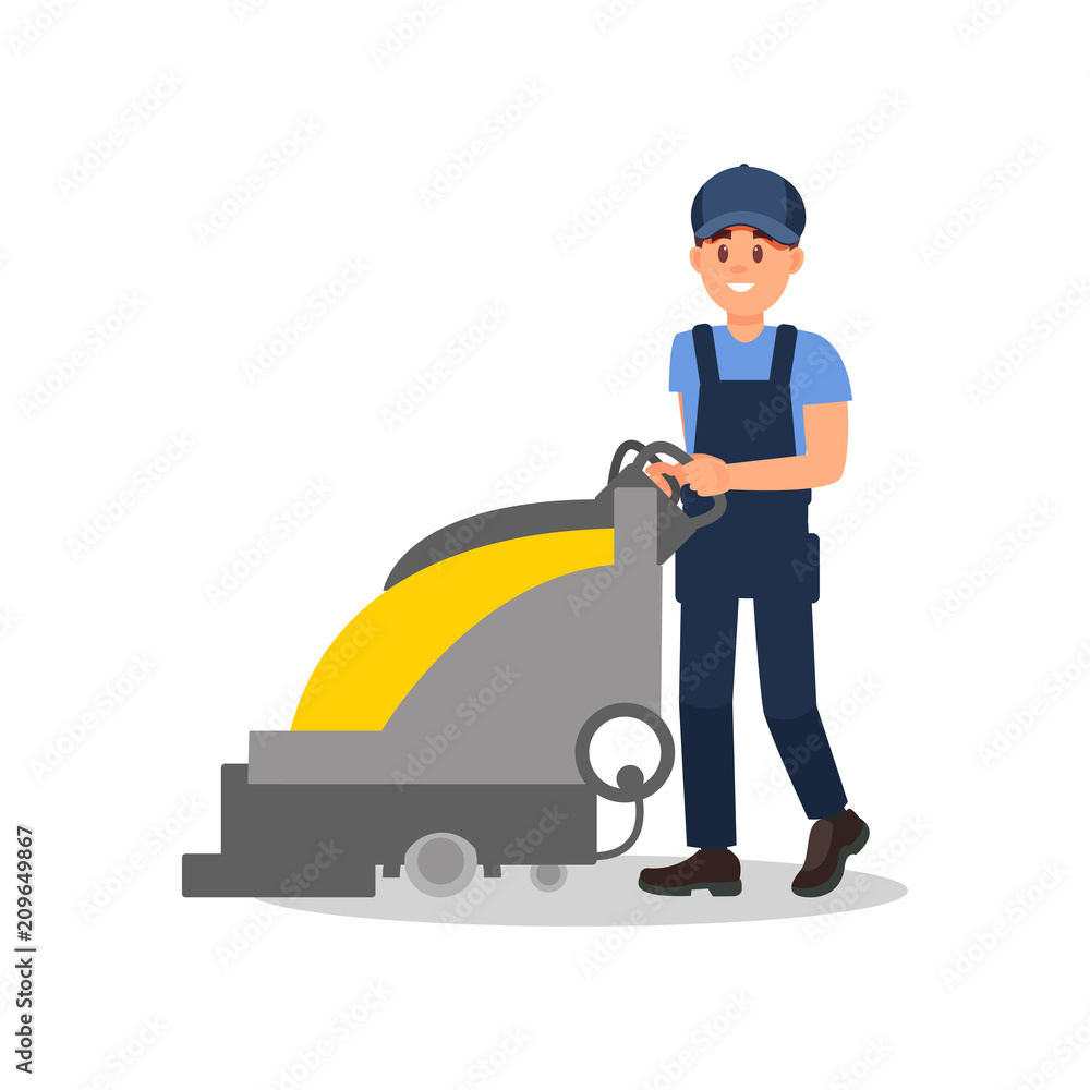 Smiling guy working with vacuum scrubber. Man in blue overall, cap and t-shirt. Flat vector for advertising banner of cleaning service
