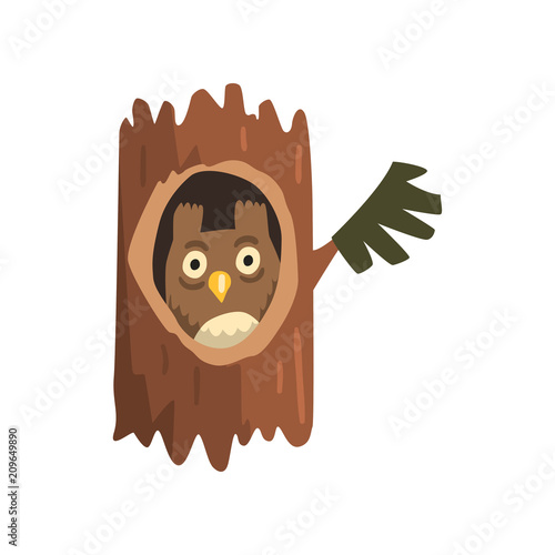 Cute owl sitting in hollow of tree, hollowed out old tree and cute animal cartoon character inside vector Illustration on a white background