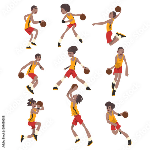 Basketball player set, athletes in uniform playing with ball vector Illustrations on a white background