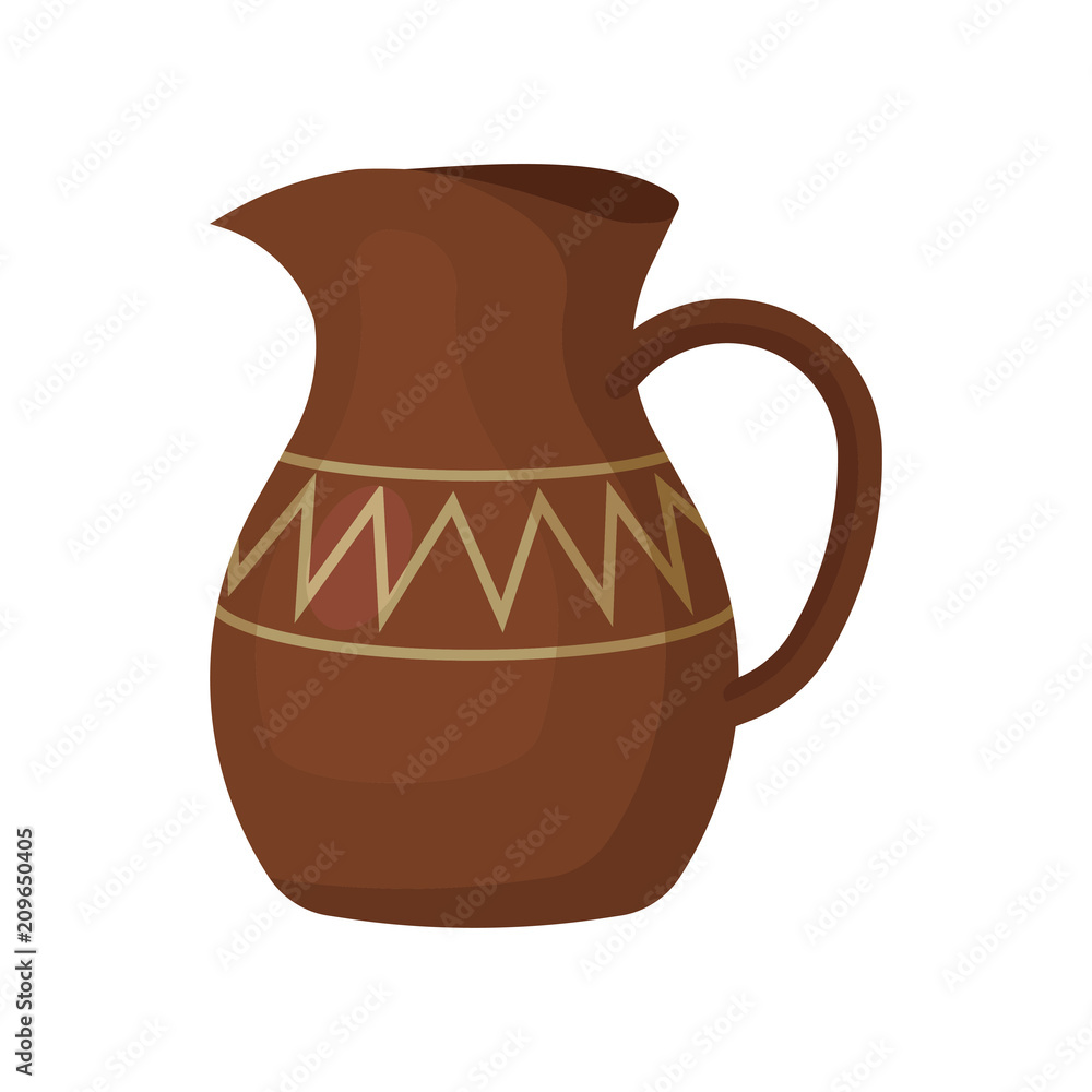 Brown ceramic jug with one handle and geometric ornament. Ceramic crockery. Flat vector for promo poster of antiques store