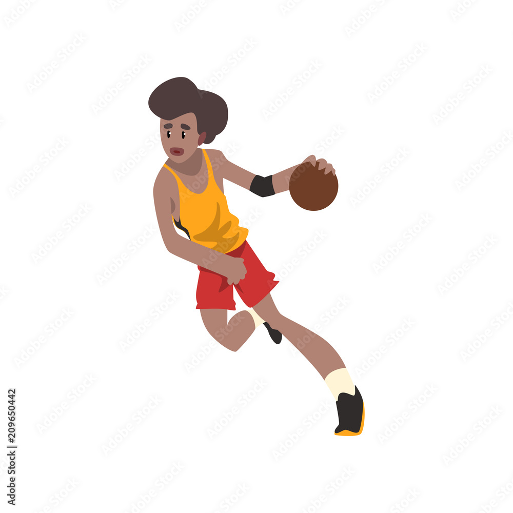Basketball player, athlete in uniform running with ball vector Illustration on a white background