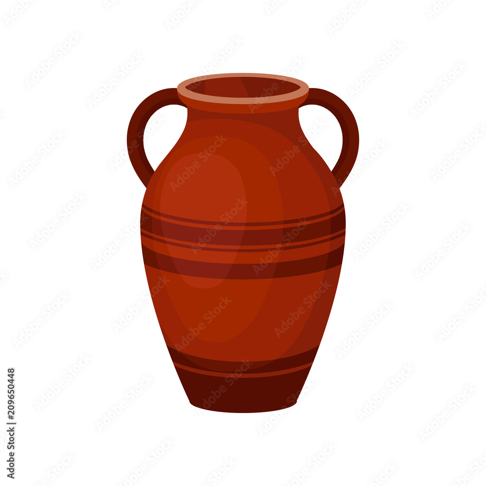 Flat vector icon of tall ceramic jug for wine. Old brown vase with two handles and decorated with stripes. Large clay pitcher