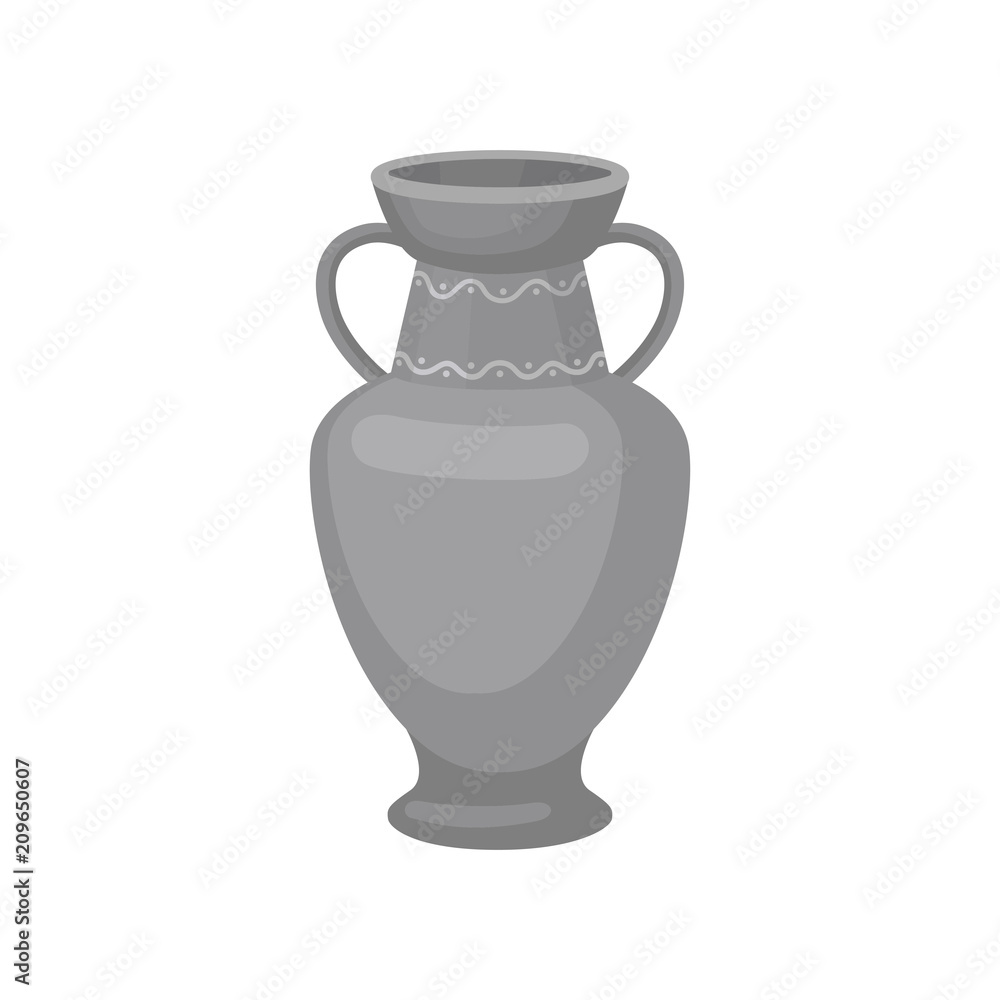 Gray jug with two handles and wide neck. Flat vector icon of large vessel for liquids. Ceramic crockery. Decorative home element