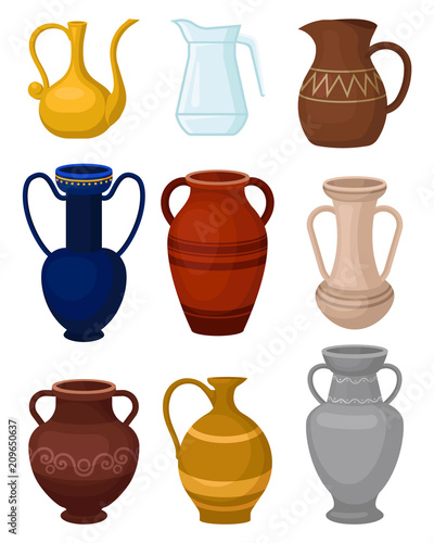 Flat vector set of various jugs. Glass pitcher for water. Antique ceramic vases. Large vessels for liquids. Decorative home elements