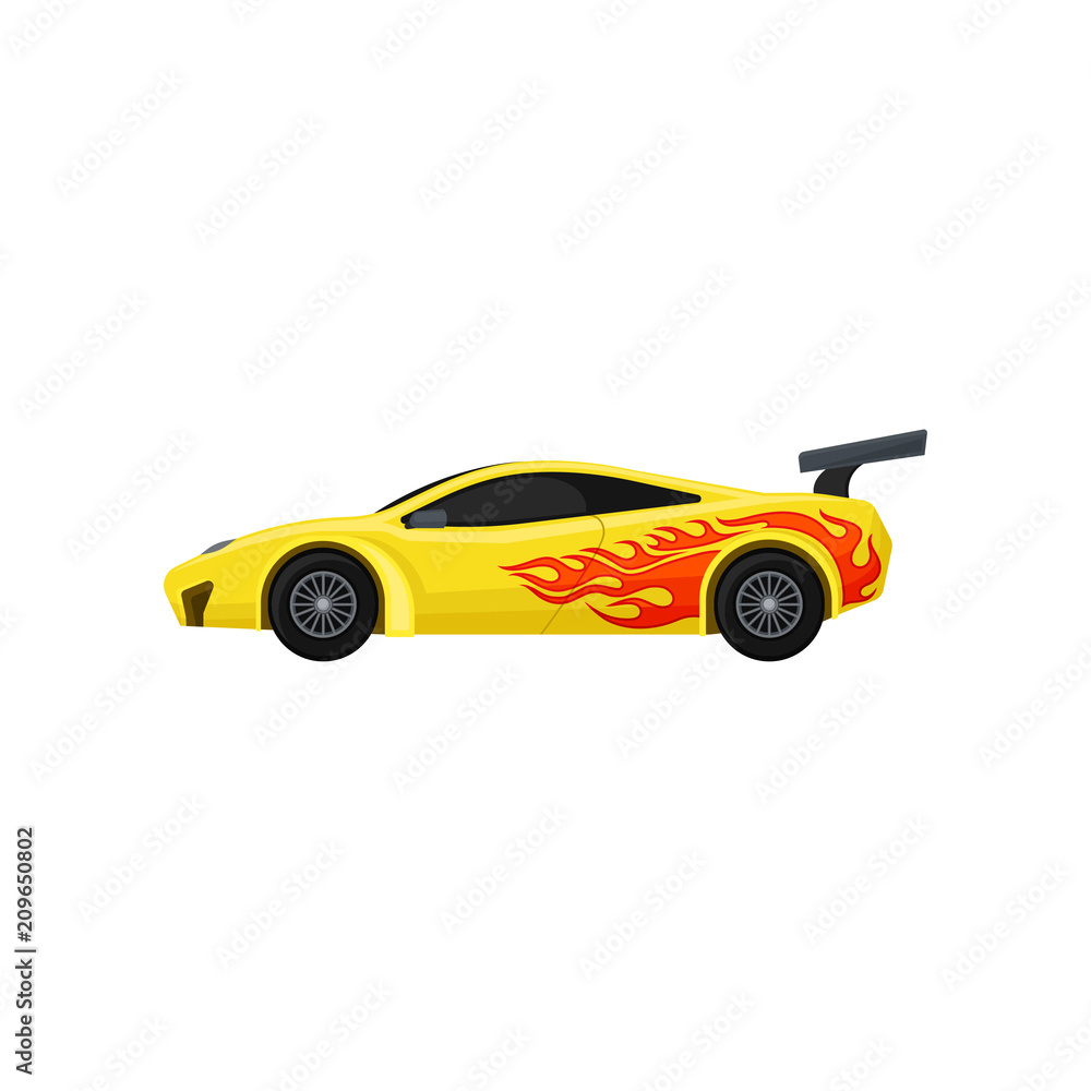 Bright yellow racing car with spoiler, tinted windows. Fast sports automobile with tongue of flame. Flat vector for mobile game