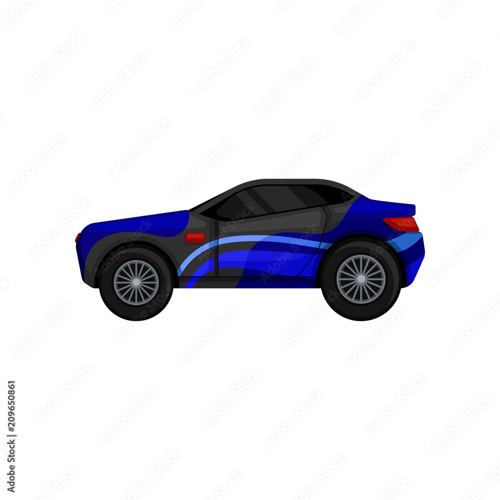 Fast racing car with large tires, tinted windows, blue and gray body. Sports automobile. Flat vector element for mobile game
