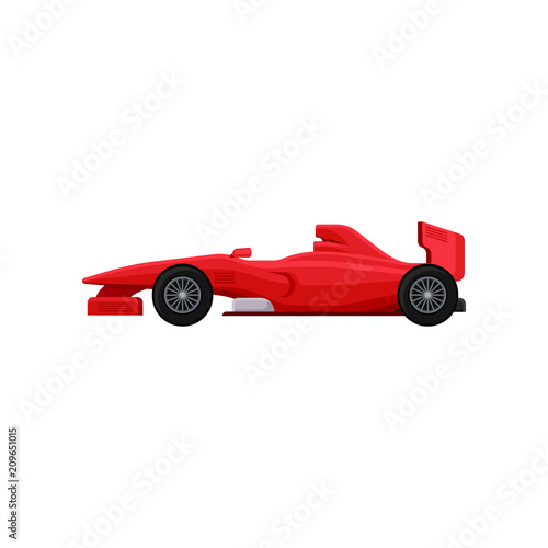 Bright red racing car. Super fast sports automobile. Isolated flat vector element for poster, mobile or computer game