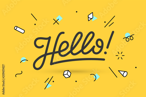 Hello. Lettering for banner, poster and sticker concept with text Hello. Icon message Hello on white background, geometric memphis style. Calligraphic simple logo. Vector Illustration photo