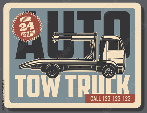 Tow truck retro card of emergency vehicle service