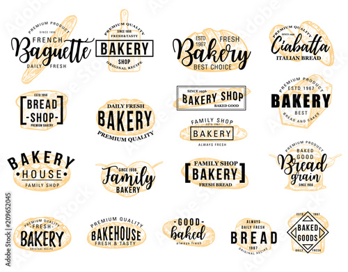 Bakery hand drawn lettering icon with bread sketch