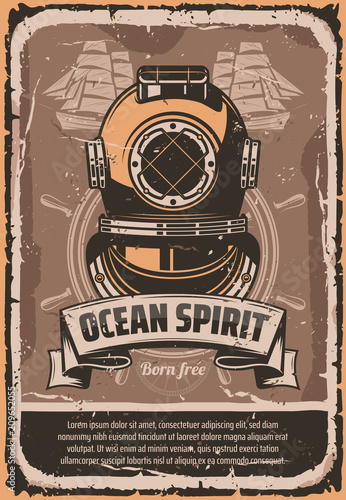 Nautical helmet retro banner for marine design