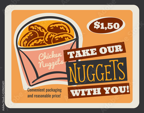 Chicken nuggets retro card of fast food restaurant