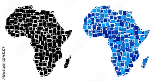 Dot Africa map variants. Abstract geographic scheme variant designed with blue color tones. Vector collage of Africa map formed with scattered rectangle and round items.