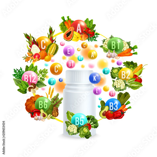 Natural vitamin with healthy food poster design