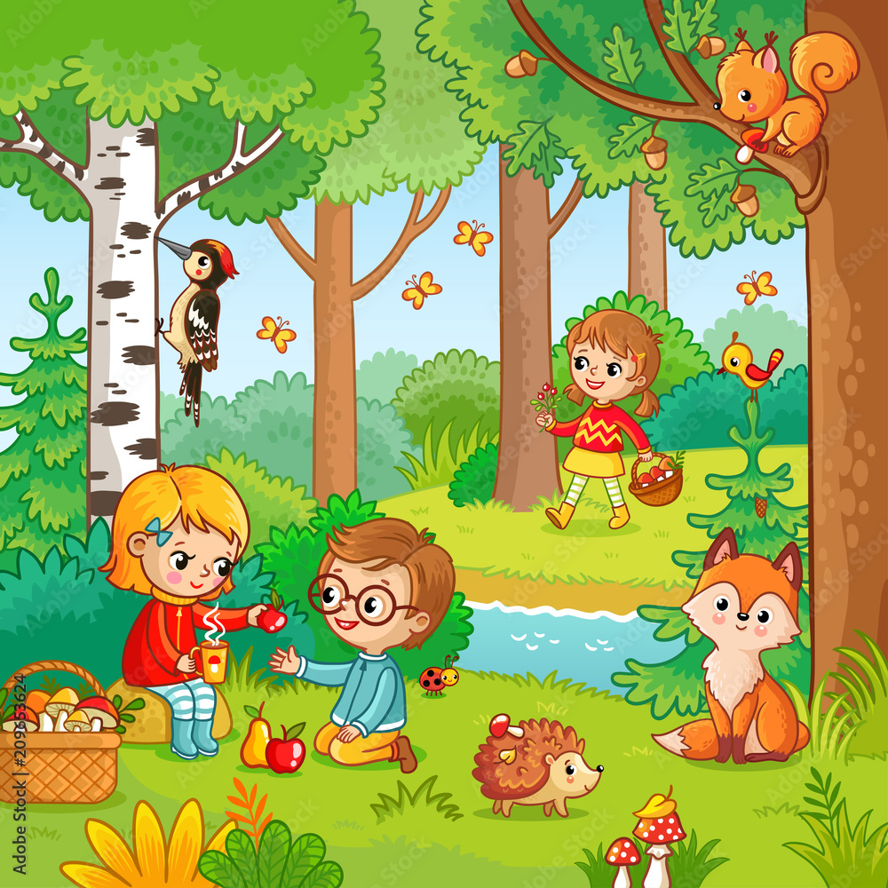 Picnic in the forest with children. Vector illustration with boy and girl  who drink tea in cartoon style. Children in the forest among animals. Stock  Vector | Adobe Stock
