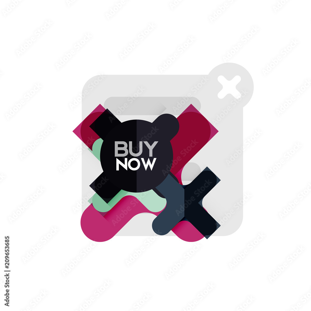 Flat design cross shape geometric sticker icon, paper style design with buy now sample text, for business or web presentation, app or interface buttons Flat design cross shape geometric sticker icon, paper style design with buy now sample text, for business or web presentation, app or interface buttons