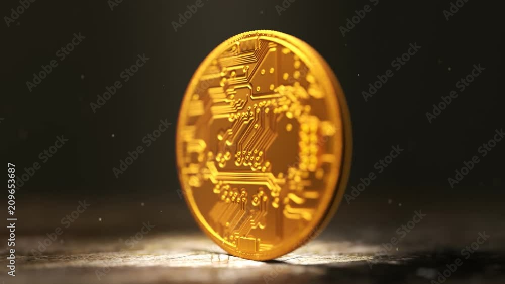 Single Cryptocurrency Coin golden bitcoin BTC spinning endlessly. Virtual money.