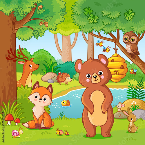 Fox and bear in the forest. Vector illustration with wild animals. Flying forest in cartoon style.