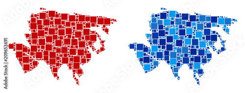 Dotted Asia map variants. Abstract geographic map version done with blue color variations. Vector concept of Asia map composed from scattered square and round dots.