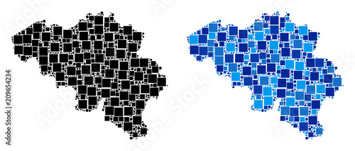 Dotted Belgium map variants. Abstract geographic scheme variant done with blue color variations. Vector pattern of Belgium map formed from randomized square and spheric items.