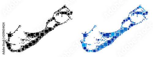 Dot Bermuda Island map versions. Abstract geographic map version done with cold blue color hues. Vector mosaic of Bermuda Island map designed of random square and spheric dots.
