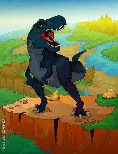 Tyrannosaurus with landscape background. Vector illustration of a cartoon dinosaur