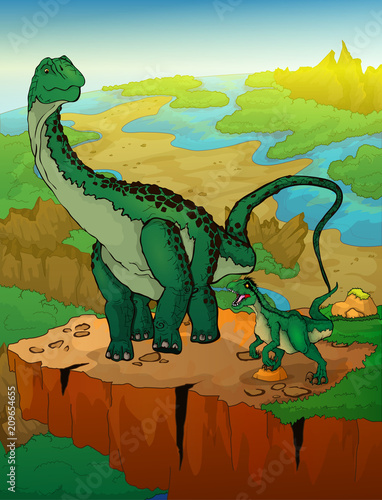 Diplodocus and raptor with landscape background. Vector illustration.