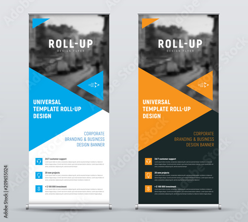 design of roll-up banners with blue and orange triangles and a place for photos. photo