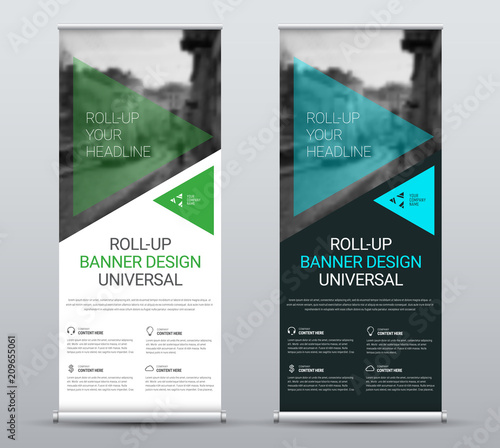 Vector design of roll-up banners with transparent green and blue triangles and a place for photos.