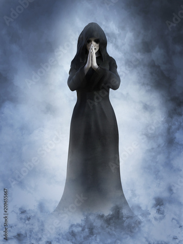 3D rendering of a ghost nun praying.