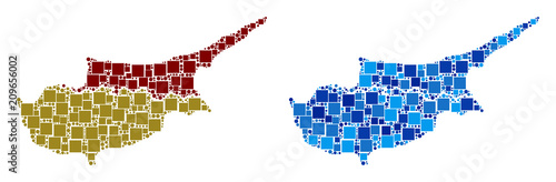 Dot Cyprus countries map variants. Abstract geographic scheme variant done with cold blue color tints. Vector pattern of Cyprus countries map organized from scattered square and spheric parts.