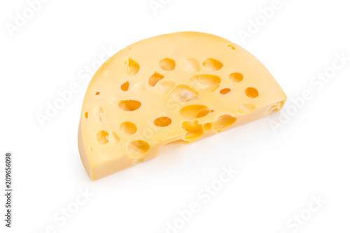 Semicircular piece of Swiss-type cheese on a white background