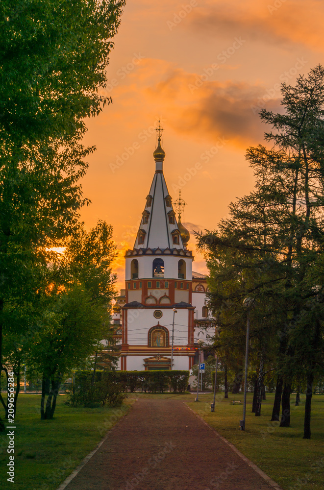 Russian Orthodox church called Sobor Bogoyavleniya on sunrise in Irkutsk