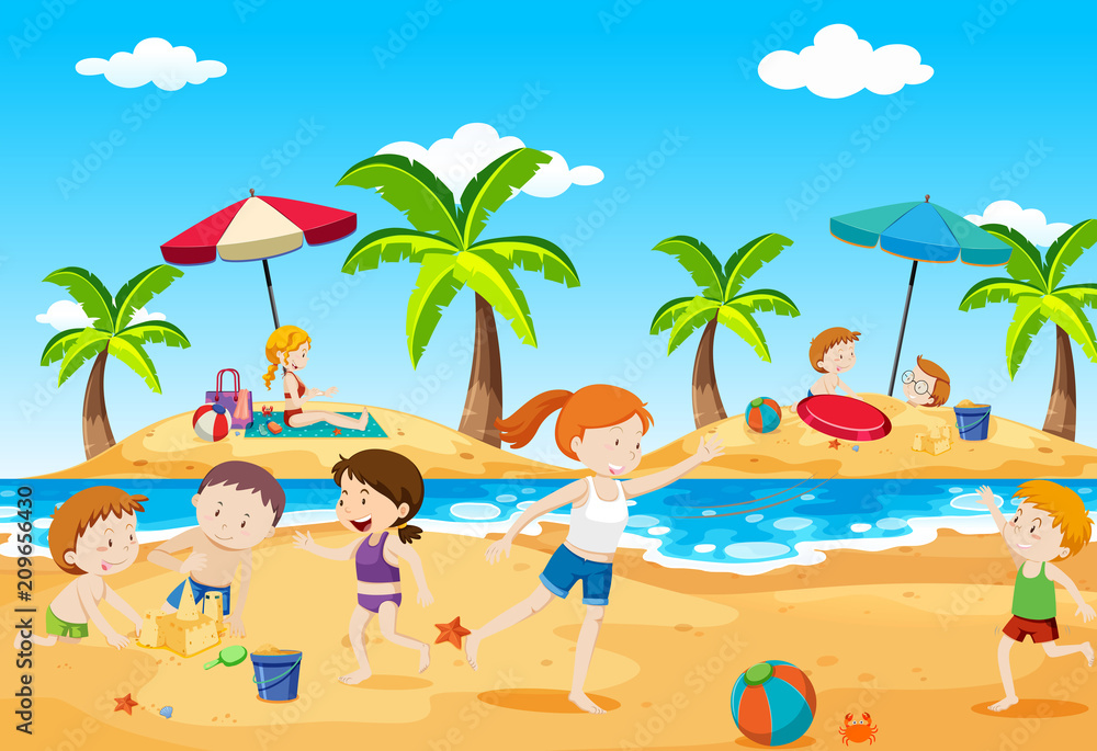 Children Playing at Beach in Summer
