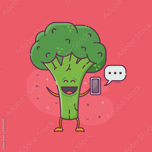 Smiling green broccoli messaging. Sending and receiving messages or email concept with cute vegetable broccoli or cabbage character holding smartphone. Vegetarian social network illustration.