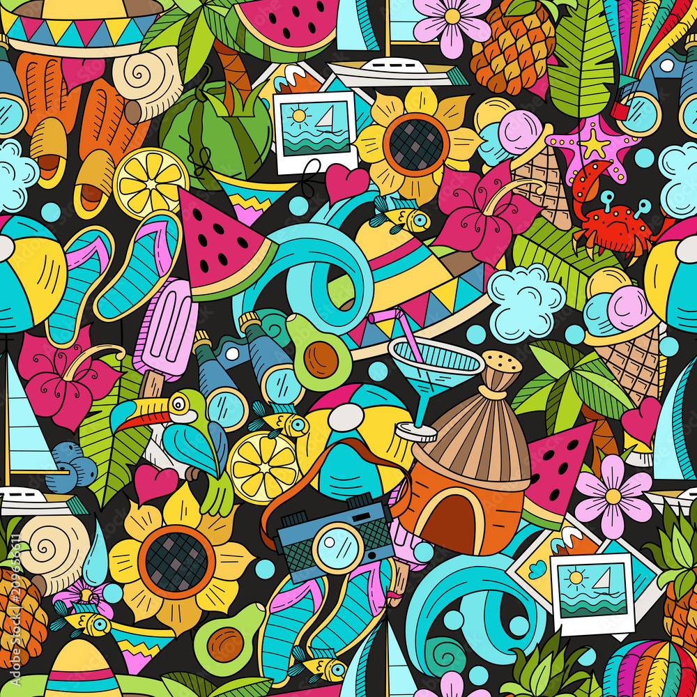 Fototapeta premium Seamless pattern. Cartoon hand drawn doodle consisting of separate elements. Summer, rest, sea, rest. Vector illustration.
