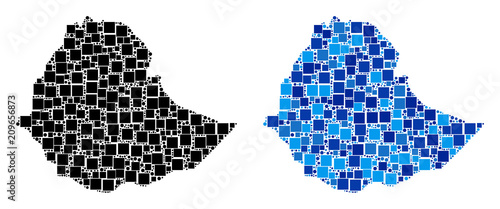 Dot Ethiopia map versions. Abstract geographic map variant done with blue color hues. Vector composition of Ethiopia map formed of scattered rectangle and round points.