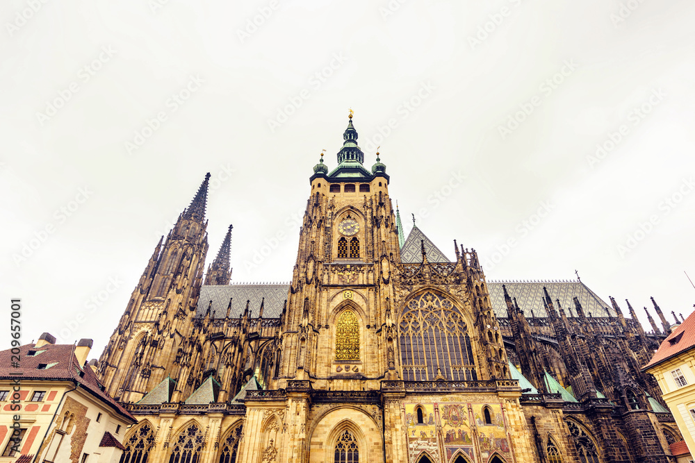 Gothic architectured St. Vitus Cathedral from bottom