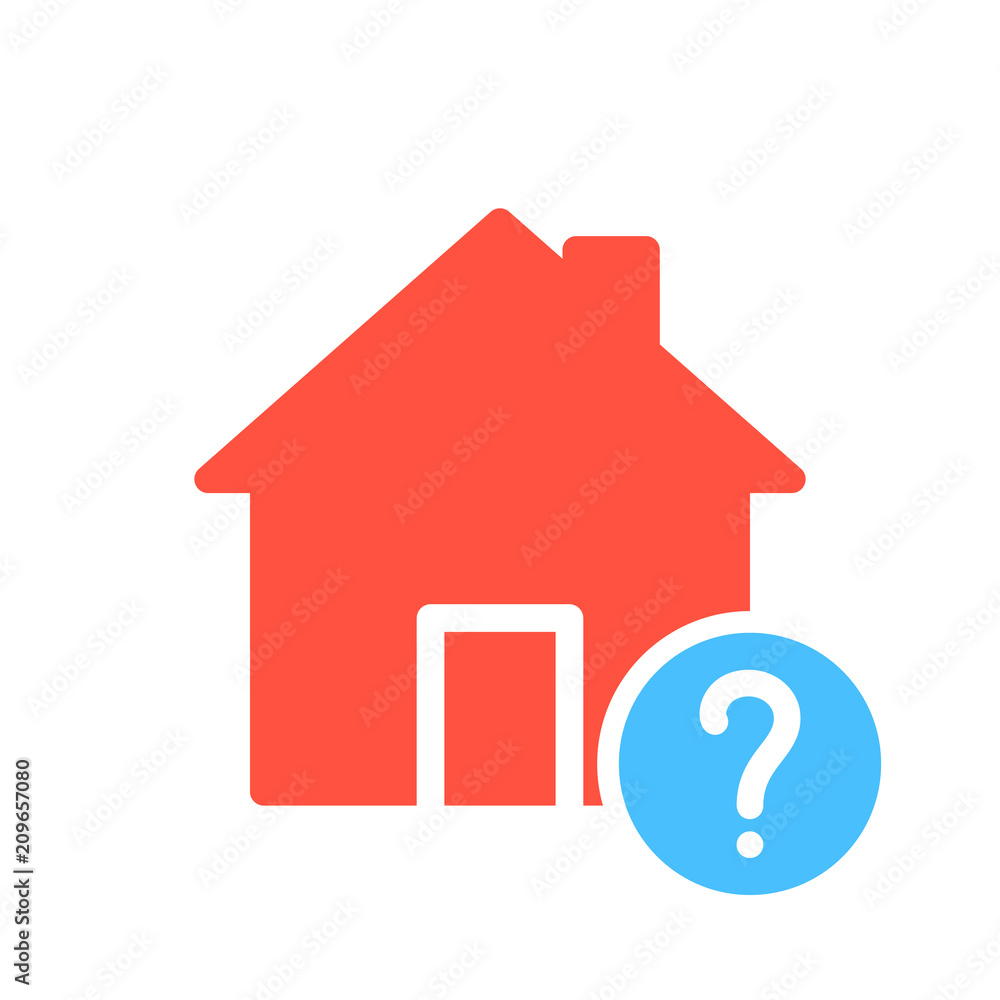 House icon, buildings icon with question mark. House icon and help, how to, info, query symbol House icon, buildings icon with question mark. House icon and help, how to, info, query symbol