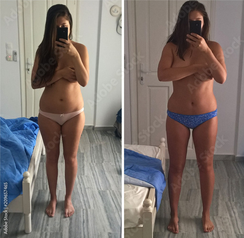 Mild weight loss during seven days before and after realistic photography. Weight loss authentic selfie photos.