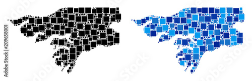 Dot Guinea-Bissau map variants. Abstract geographic map variant done with cold blue color variations. Vector composition of Guinea-Bissau map made from randomized square and circle dots.