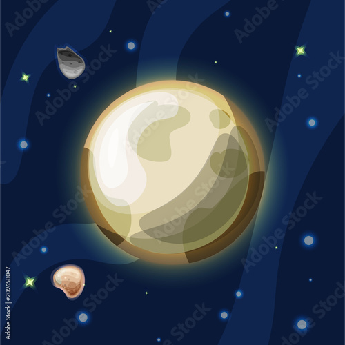 Pluto vector cartoon illustration. Plutonus, or Pluto - dwarf planet of Solar system in dark deep blue space, isolated on blue background