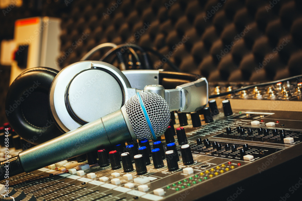 Close up instruments music background  microphone with  headphones on sound mixer board in home recording  space for  creative design text & wording mock up template wallpaper. Stock Photo |  Adobe