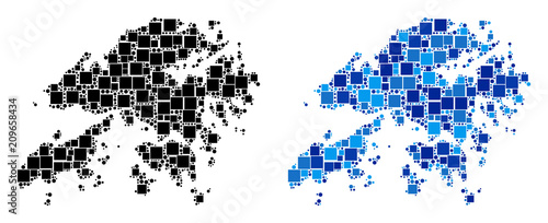 Dot Hong Kong map variants. Abstract geographic scheme variant designed with cold blue color hues. Vector concept of Hong Kong map done of random square and spheric items.